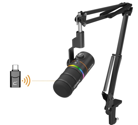 COMICA D10 Pro Um microfone dinâmico sem fio/XLR/USB com receptor e suporte de braço articulado - microfone cardioide de canal duplo, bateria de 45 horas, luzes RGB, redução de ruído CalMix para jogos/streaming/PD (PC, PS4/5, Mac, telefone) Branco