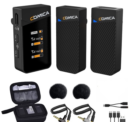 Microfone de lapela sem fio Vimo C2 da Comica, gravação de canal duplo 2.4G com 2 transmissores, 1 receptor, microfone de lapela para entrevistas, transmissão ao vivo, vlogs e gravação de vídeo