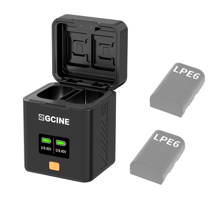 Caixa carregadora dupla USB-C ZGCINE PS-LPE6 com carregamento rápido PD para Canon LPE6/E6N/E6NH/E6P, compatível com EOS R5C, R5, R6, R6 II, R7, R, 5D II, 5D III, 5D IV, 5Ds, 5Ds R, 6D, 6D II, 7D, 7D II, 60D