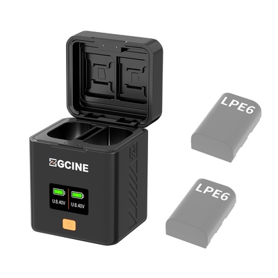 Caixa carregadora dupla USB-C ZGCINE PS-LPE6 com carregamento rápido PD para Canon LPE6/E6N/E6NH/E6P, compatível com EOS R5C, R5, R6, R6 II, R7, R, 5D II, 5D III, 5D IV, 5Ds, 5Ds R, 6D, 6D II, 7D, 7D II, 60D