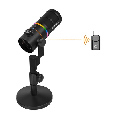 Microfone dinâmico sem fio/XLR/USB COMICA D10 Pro D com receptor e suporte de mesa - microfone cardioide de canal duplo, bateria de 45 horas, luzes RGB, redução de ruído CalMix para jogos/streaming/PD (PC, PS4/5, Mac, telefone) - preto