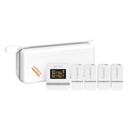 Sistema de microfone de lapela sem fio COMICA Vimo Q de quatro canais com 4 transmissores e 1 receptor com estojo de carregamento para gravação de vídeo por telefone, entrevistas com YouTubers e Vloggers