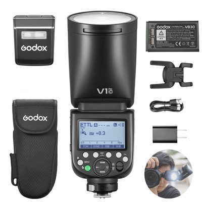 Godox V1 Pro C V1Pro-C Versão EUA Flash de câmera compatível com flash de câmera Canon Speedlite, 76 Ws 2.4G TTL 1/8000 HSS, 500 flashes de potência total, tempo de reciclagem de 1,3 s, bateria de íons de lítio de 2980 mAh, lâmpada de modelagem LED