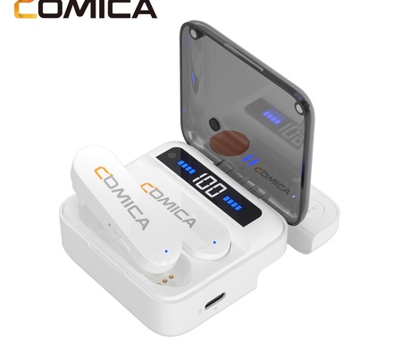Microfone de lapela sem fio Comica, Vimo S-UC 2.4G Mini microfone de lapela de canal duplo com estojo de carregamento para Android e gravação de vídeo, entrevista, vlog, branco