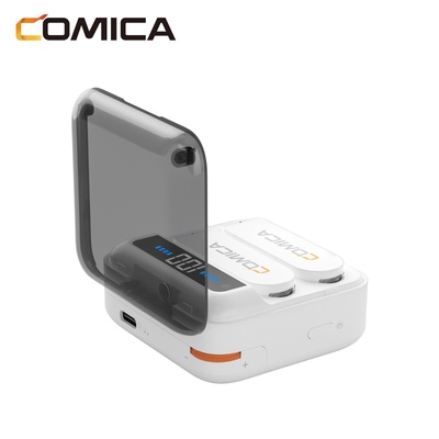 Microfone de lapela sem fio Vimo S-MI da Comica, dois transmissores e um receptor com estojo de carregamento para iPhone e iPad, mini microfone para entrevistas, transmissão ao vivo, vlogs e gravação de vídeo, branco