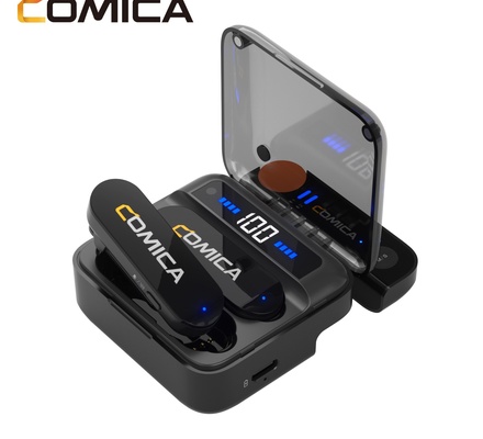 Microfone de lapela sem fio Vimo S-MI da Comica, dois transmissores e um receptor com estojo de carregamento para iPhone e iPad, mini microfone para entrevistas, transmissão ao vivo, vlogs e gravação de vídeo, preto