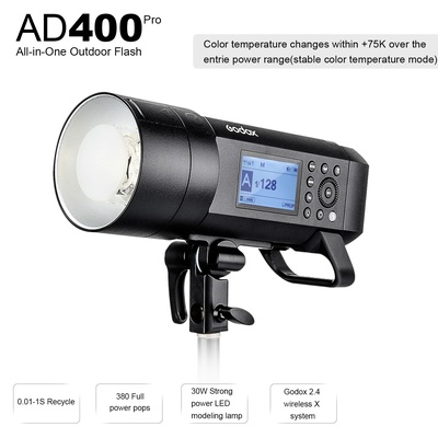 Godox AD400 Pro AD400Pro Luz estroboscópica para ambientes externos, flash monolight portátil TTL de 400 W, Speedlite HSS 1/8000 s, bateria de íons de lítio recarregável, lâmpada LED de modelagem de 30 W