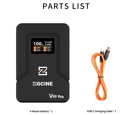 Zgcine v99 pro v montagem bateria 100w USB-C pd carregador rápido com d-tap duplo USB-C porta pd para bmpcc 6k pro canon r5c sony fx3