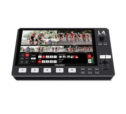 FEELWORLD L4 Comutador de vídeo HD de 5 canais Transmissão multicâmera Produção ao vivo Tela sensível ao toque de 10,1 polegadas Painel de controle flexível