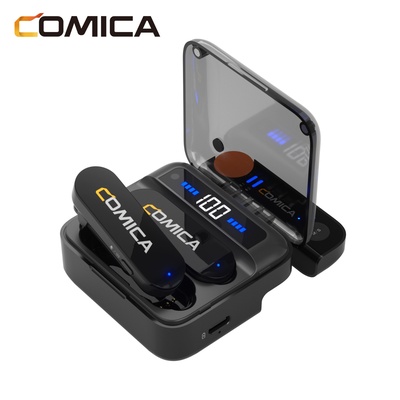 Microfone de lapela sem fio Comica, Vimo S-UC 2.4G Mini microfone de lapela de canal duplo com estojo de carregamento para Android e gravação de vídeo, entrevista, vlog, preto