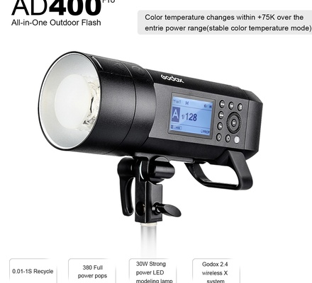 Godox AD400 Pro AD400Pro Luz estroboscópica para ambientes externos, flash monolight portátil TTL de 400 W, Speedlite HSS 1/8000 s, bateria de íons de lítio recarregável, lâmpada LED de modelagem de 30 W