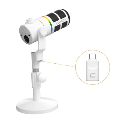 Microfone dinâmico sem fio/XLR/USB COMICA D10 Pro D com receptor e suporte de mesa - microfone cardioide de canal duplo, bateria de 45 horas, luzes RGB, redução de ruído CalMix para jogos/streaming/PD (PC, PS4/5, Mac, telefone - branco)