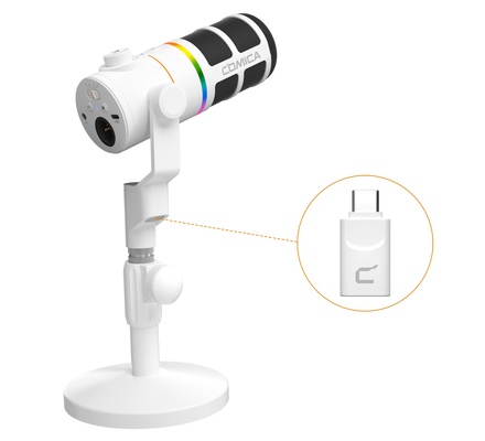 Microfone dinâmico sem fio/XLR/USB COMICA D10 Pro D com receptor e suporte de mesa - microfone cardioide de canal duplo, bateria de 45 horas, luzes RGB, redução de ruído CalMix para jogos/streaming/PD (PC, PS4/5, Mac, telefone - branco)
