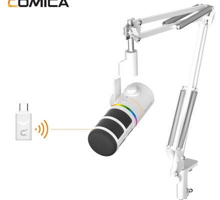 COMICA D10 Pro Um microfone dinâmico sem fio/XLR/USB com receptor e suporte de braço articulado - microfone cardioide de canal duplo, bateria de 45 horas, luzes RGB, redução de ruído CalMix para jogos/streaming/PD (PC, PS4/5, Mac, telefone) Preto