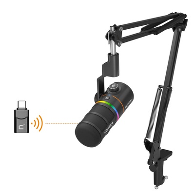 COMICA D10 Pro Um microfone dinâmico sem fio/XLR/USB com receptor e suporte de braço articulado - microfone cardioide de canal duplo, bateria de 45 horas, luzes RGB, redução de ruído CalMix para jogos/streaming/PD (PC, PS4/5, Mac, telefone) Branco