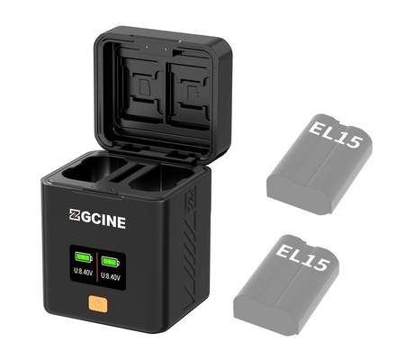 Caixa com carregador duplo USB-C ZGCINE PS-EL15 com carregamento rápido PD para bateria Nikon EN-EL15c