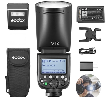 Godox V1 Pro N V1Pro-N Versão EUA Flash de câmera para Nikon Flash Speedlite Speedlight, 76Ws 2.4G TTL 1/8000 HSS, 500 flashes de potência máxima, tempo de reciclagem de 1,3s, bateria de íons de lítio de 2980mAh, lâmpada de modelagem LED