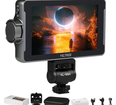 Monitor de campo para câmera DSLR com tela sensível ao toque VILTROX DC-550 de 5,5", alto brilho de 1200 nits, entrada e saída HDMI 4K, com bateria/proteção solar, LUT 3D, assistência de foco, forma de onda para câmeras DSLR Nikon Sony Canon