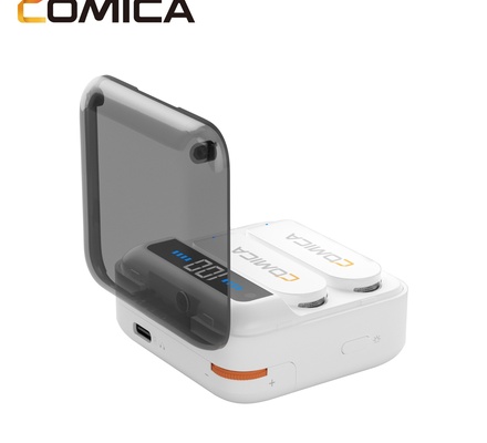 Microfone de lapela sem fio Vimo S-MI da Comica, dois transmissores e um receptor com estojo de carregamento para iPhone e iPad, mini microfone para entrevistas, transmissão ao vivo, vlogs e gravação de vídeo, branco